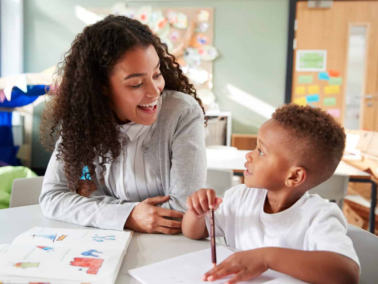 teacher and student in the classroom looking at a globe